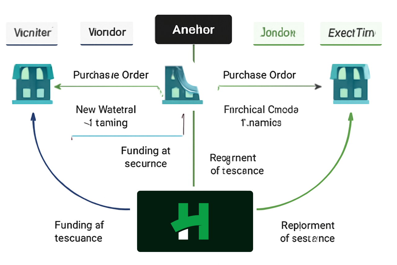 Diagram showing supply chain financing process with vendors, anchor, and dealers